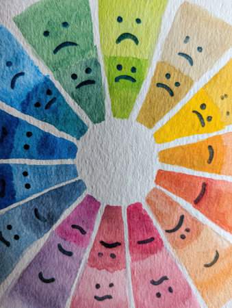 Watercolor artwork depicting an emotional chart spectrum showing various feelings, transitioning from numbness in the center to hope at the edges.の素材