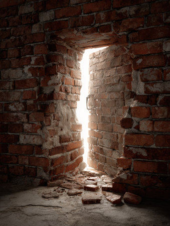 A doorway stands ajar in a rugged wall of bricks, allowing light to stream in and symbolize the potential for new beginnings and transformation.の素材