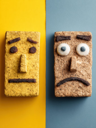 Two block characters illustrate contrasting emotions on vibrant backgrounds, showing the difference between immediate reactions and thoughtful responses.の素材