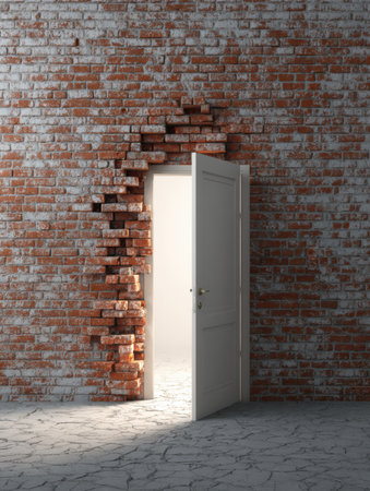 A white door stands ajar in a brick wall, illuminating a bright space beyond, representing potential and the choice to explore beyond limitationsの素材
