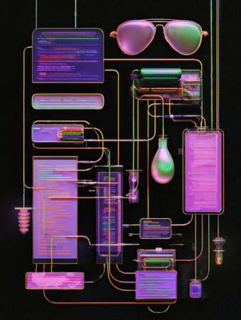 Visual elements depict the structure of atomic habits with neon colors, showing connections among concepts and tools in a high-tech, vibrant manner.の素材