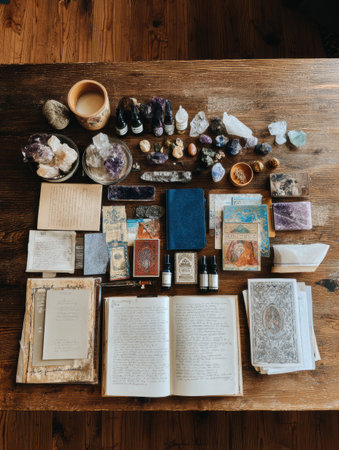 A collection of journals, crystals, and scattered pages arranged on a wooden table, creating a serene space for emotional expression and reflection.の素材