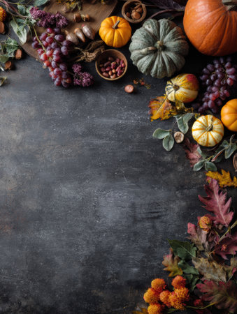 Chalkboard with a thankful message and space for personal notes, decorated with colorful autumn fruits and leaves, set for a festive gathering.の素材