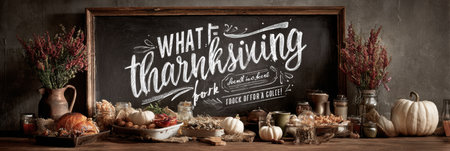 Chalkboard highlights messages of gratitude surrounded by a festive table showing autumn foods, pumpkins, and floral arrangements in a warm setting.の素材