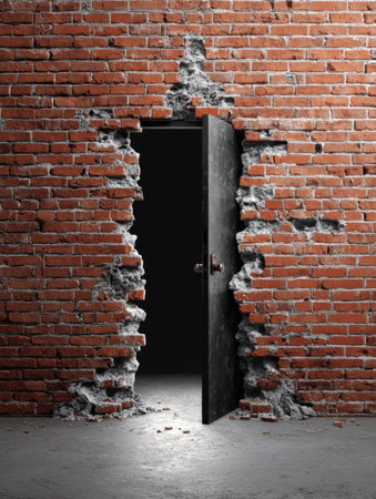 An open door in a crumbling brick wall invites exploration and signifies the chance for new beginnings beyond barriers and limitations.の素材