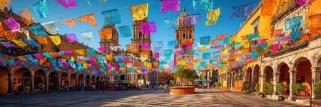 Traditional papel picado banners create a colorful display above a bustling cultural plaza, where locals gather to enjoy festivities under a clear blue sky.の素材