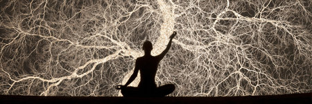 A yoga practitioner sits cross-legged, with an illustration of the nervous system behind, illustrating harmony between body and mind.の素材