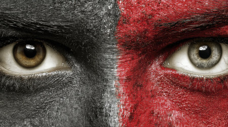 Two eyes painted in black and red illustrate the emotional difference between reacting impulsively and responding thoughtfully in various situations.の素材