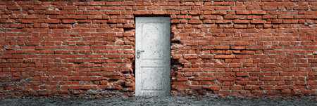 A weathered door stands ajar in a substantial brick wall, symbolizing opportunities for change and exploration in a seemingly unyielding environmentの素材