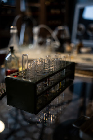 Glass test tubes are arranged in a holder on a reflective surface in a laboratory filled with various scientific equipment during evening hours.の写真素材