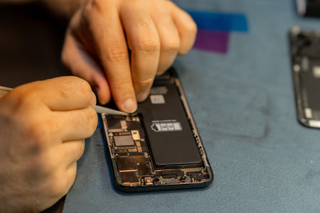 Expert Phone Repair in Progress With Careful Attention to Detail and Precision in a Workshop Setting