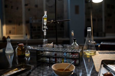 Laboratory Setup With Various Glassware Displaying Colorful Solutions During an Experimental Analysis in an Indoor Scientific Environmentの写真素材