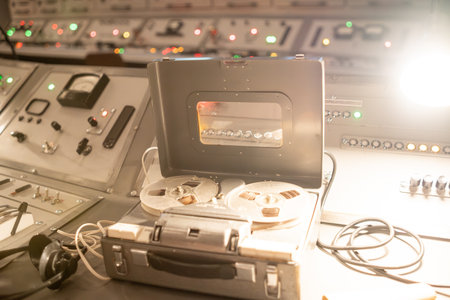 Vintage Audio Equipment Showcased in a Historical Recording Studio With Intricate Control Panelsの写真素材