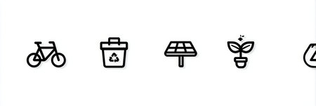 Simple icons for eco actions such as biking, recycling, solar energy, and planting, highlighting everyday sustainable choices to protect the environment.の素材
