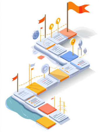 Visual representation of a startup roadmap illustrating key milestones and achievements marked by flags in an isometric view for better clarity and engagement.の素材