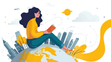 A woman sits on a globe, reading a book, symbolizing the importance of global womens education amidst a modern cityscape.の素材