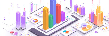 Budget software interface displays multiple screens with colorful growth bars, financial charts, and analytics tools for tracking expenses and income.の素材