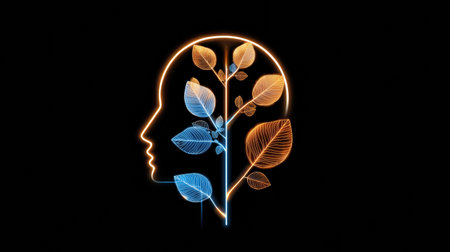 A glowing outline of a head with vibrant leaves illustrates the journey of recovery and personal growth in a calming atmosphere, highlighting mental wellness.の素材