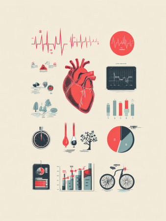 Visual representation of heart health with various medical infographic elements over a neutral backdrop, emphasizing cardiovascular care and wellness.の素材