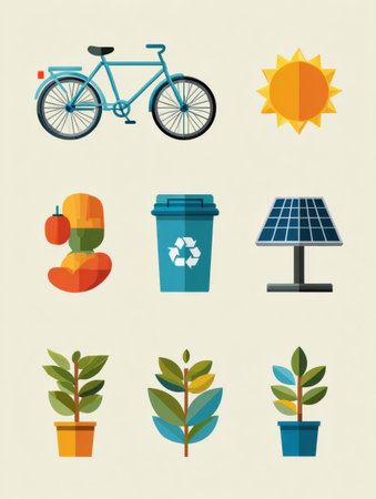 Simple icons illustrate eco actions including biking, recycling, solar energy, and planting.の素材