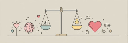 A wellness scale featuring heart and mind icons illustrates the balance needed for emotional and mental well-being in everyday life.の素材