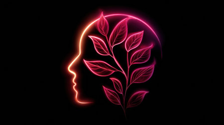 A glowing mind icon featuring vibrant leaves represents recovery and personal growth, showing the connection between nature and mental well-being.の素材