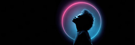 Individual deep practices breathing, immersed in a serene atmosphere created by an abstract glowing circle, enhancing relaxation and mindfulness.の素材