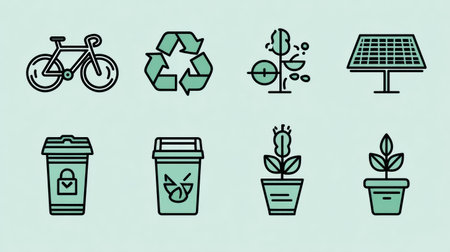 Icons illustrate eco-friendly actions like biking, recycling, solar energy use, and planting to inspire sustainable choices for a better planetの素材