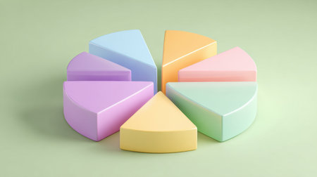 Pastel-colored pie chart segments arranged on a soft green surface provide a clear visual representation for budget planning and tracking expenses efficiently.の素材
