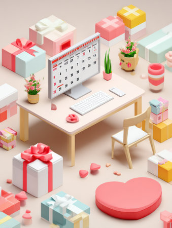 A delightful isometric Valentines setup showcases a desk with a calendar marking the special day, surrounded by colorful gift boxes and decorative elements.の素材
