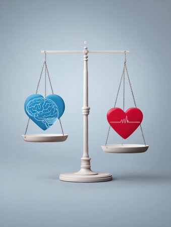 Wellness scale shows a blue brain icon on one side and a red heart icon on the other, illustrating the balance of mental and emotional well-being.の素材