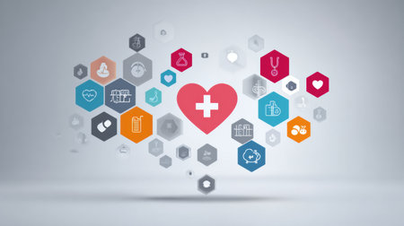 Colorful icons and symbols related to heart health provide essential insights on maintaining cardiac well-being, arranged visually for clarity and engagement.の素材