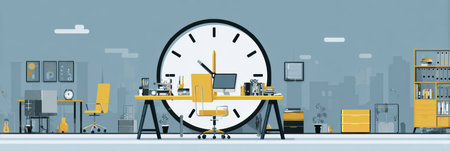 A contemporary office space with a giant clock and a sleek desk, focusing on time management, organization, and efficient work habits for professionals.の素材