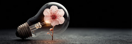 A lightbulb contains a blooming flower, representing growth and creativity, set against a dark backdrop that emphasizes its illumination.の素材