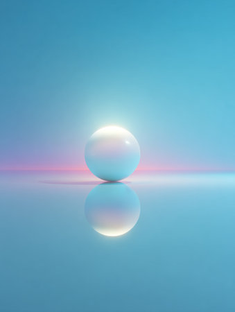 A glowing orb floats serenely above a reflective surface, surrounded by a peaceful gradient background that transitions from soft blue to violet huesの素材