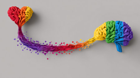 A colorful representation shows a rainbow flowing from a brain to a heart, illustrating the link between neurodiversity, creativity, and emotional connection.の素材