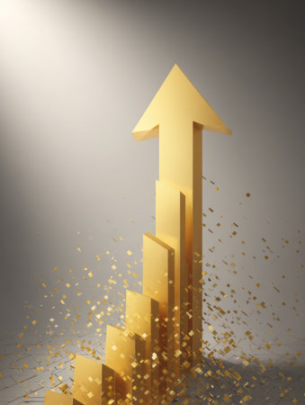 Golden arrow signifies upward movement and growth, surrounded by a backdrop that suggests professionalism and clarity, ideal for business themes.の素材