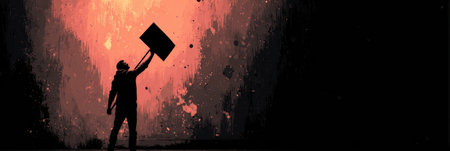 A protester stands in silhouette, raising a light banner against a vibrant, abstract background, symbolizing unity and social change during an evening rally.の素材