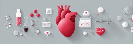 A collection of infographic elements presents valuable information about heart health, illustrating key concepts related to wellness and awareness.の素材
