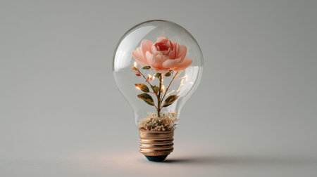 A lightbulb contains a blooming flower, representing growth and creativity, placed against a neutral backdrop that enhances its beauty and significance.の素材