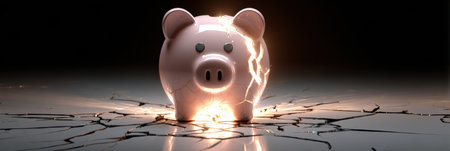 A piggy bank breaks open, illuminating a warm glow that symbolizes newfound opportunity, set on a fractured surface that adds intensity to the moment.の素材