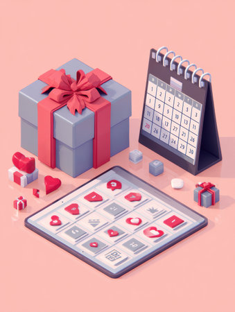 A romantic arrangement featuring a gift box with a bow, a decorative calendar, and smaller gifts, all set against a soft pink background for Valentines day.の素材
