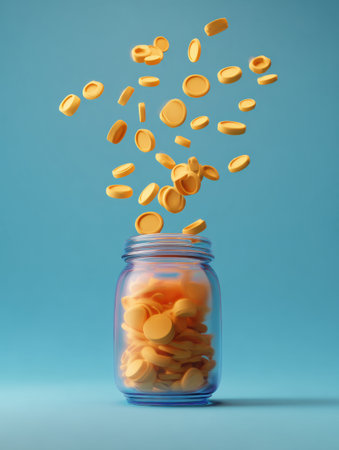 A colorful savings jar sits on a blue background, with bright coins soaring upward, creating a joyful and playful atmosphere that encourages saving.の素材