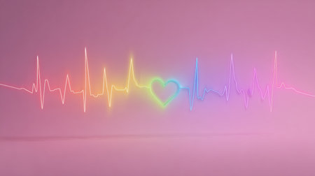 Vibrant heartbeat line transitions in rainbow colors, culminating in a gentle heart shape, reflecting emotions and vitality in an artistic representation.の素材