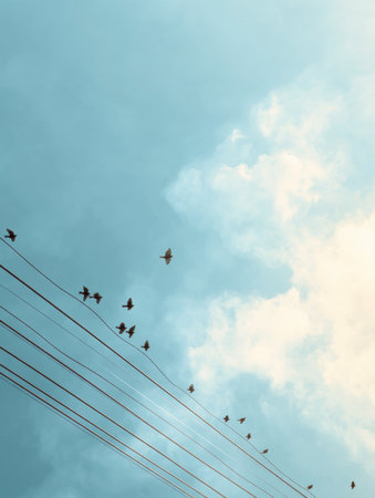 Lines of poetry take flight as birds gently soar against a soft blue sky, blending inspiration with the beauty of nature and tranquil freedom in the air.の素材