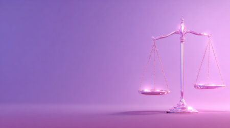 A minimal justice scale glows softly, representing the concepts of fairness and balance within the context of law and justice on a purple backdrop.の素材