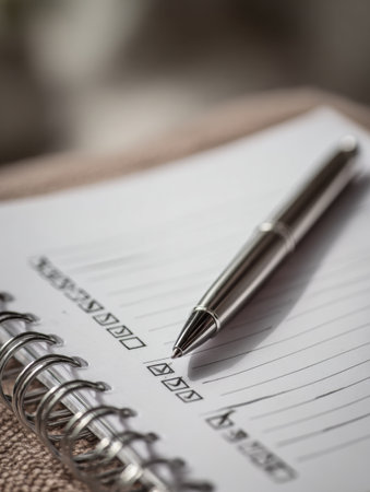 Close view of a financial checklist with checkboxes and a silver pen laying on a notepad, set against a softly blurred background suggesting a calm workspace.の素材