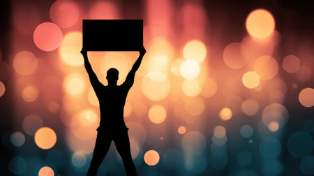 Silhouette of an individual raising a light banner amid vibrant abstract colors, symbolizing unity and activism during a protest for social justice.の素材