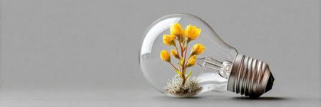 A vibrant yellow flower blooms inside a transparent lightbulb, representing the concept of growth and innovation in a modern setting.の素材