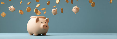 A savings jar sits on a blue background, surrounded by coins in mid-air, depicting the concept of accumulating wealth through saving and financial planning.の素材